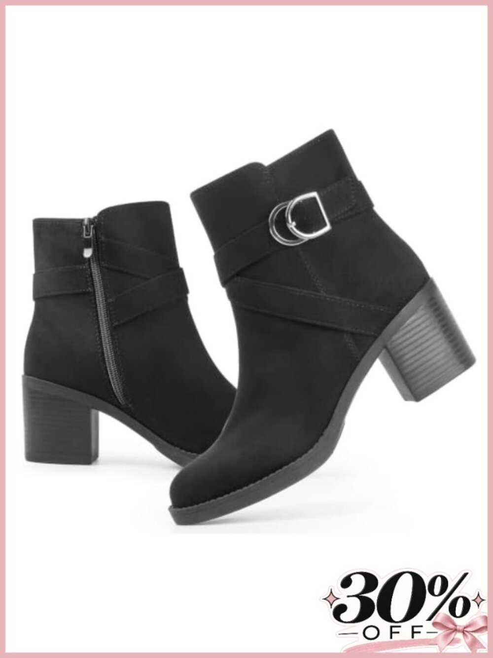 Womens Zipper Ankle Boots Chunky Stacked Heel Buckle Strap Booties